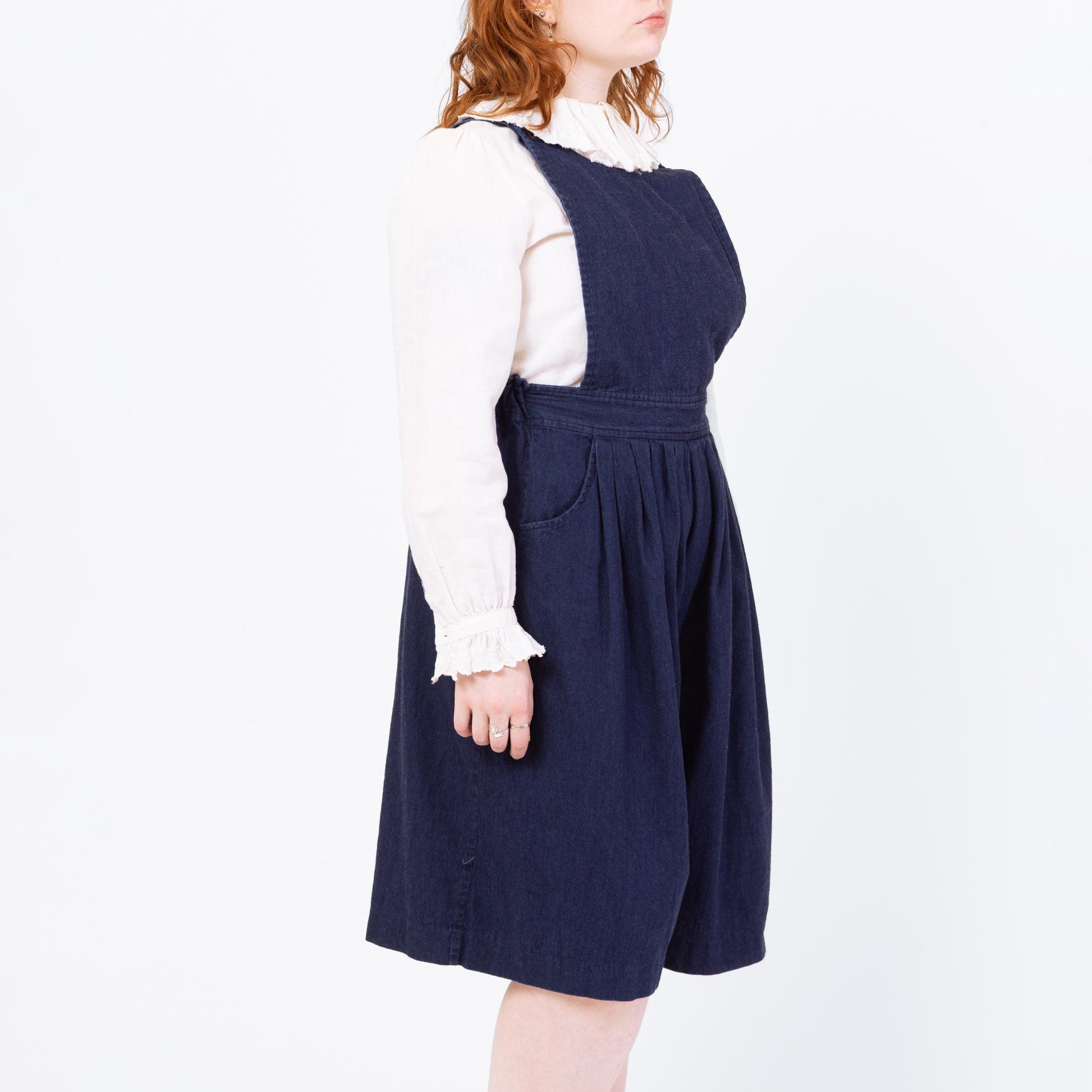 Vintage 70s Dark Wash Denim Pinafore Romper - Medium | Retro Chambray Sleeveless Apron Overall Playsuit