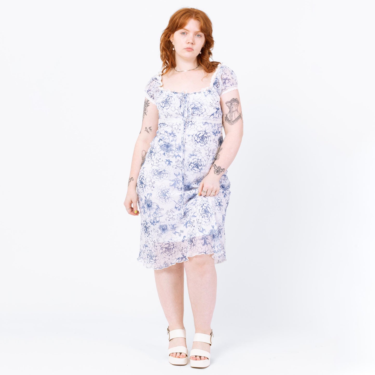 Vintage 90s Blue & White Floral Milkmaid Dress - Medium | Boho Sheer Overlay Coquette Aesthetic Romantic Midi Babydoll Sundress