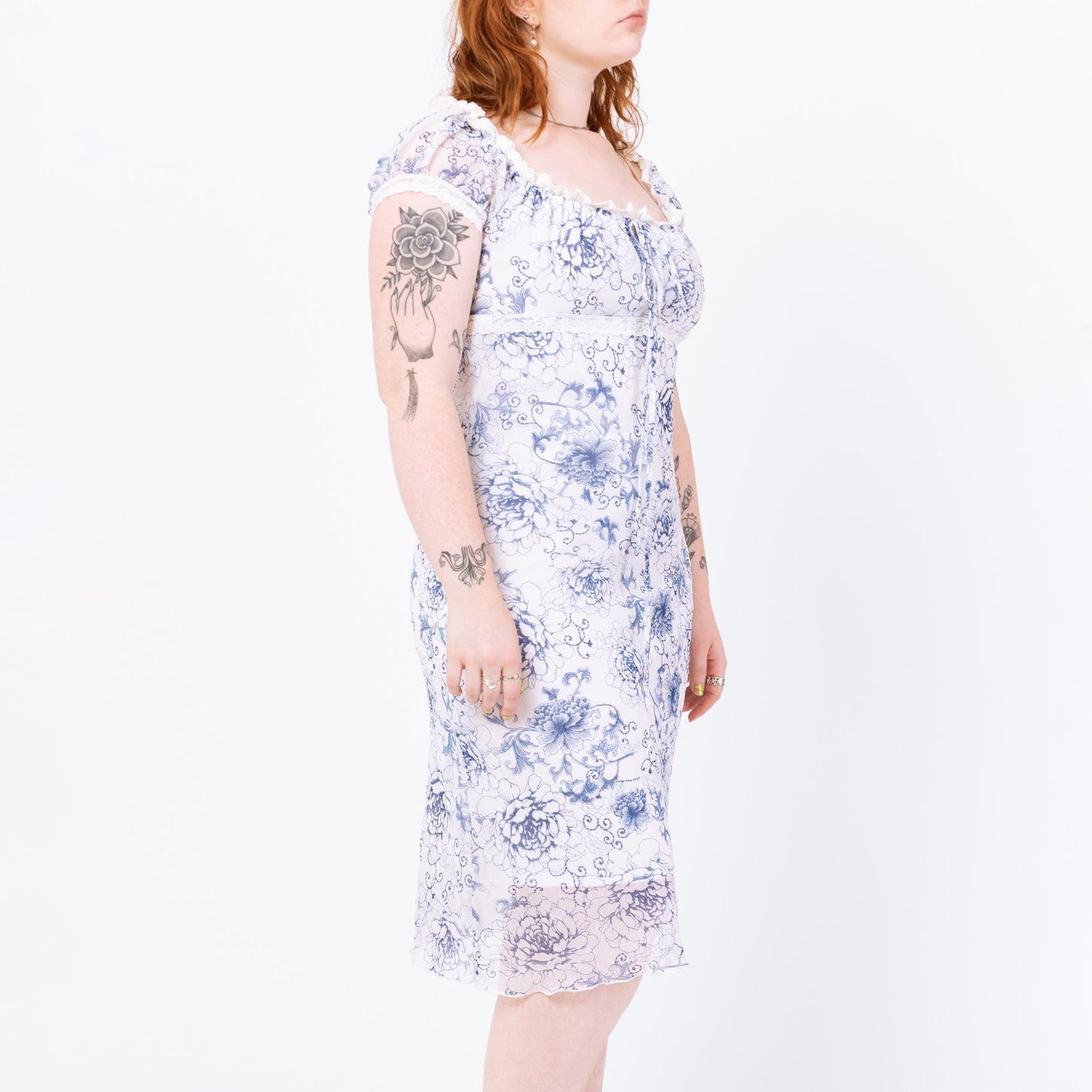 Vintage 90s Blue & White Floral Milkmaid Dress - Medium | Boho Sheer Overlay Coquette Aesthetic Romantic Midi Babydoll Sundress