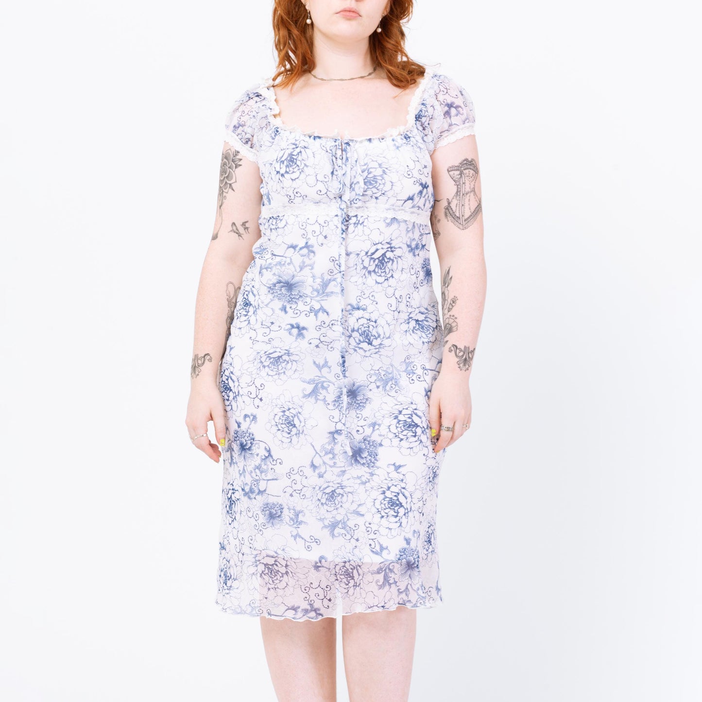 Vintage 90s Blue & White Floral Milkmaid Dress - Medium | Boho Sheer Overlay Coquette Aesthetic Romantic Midi Babydoll Sundress