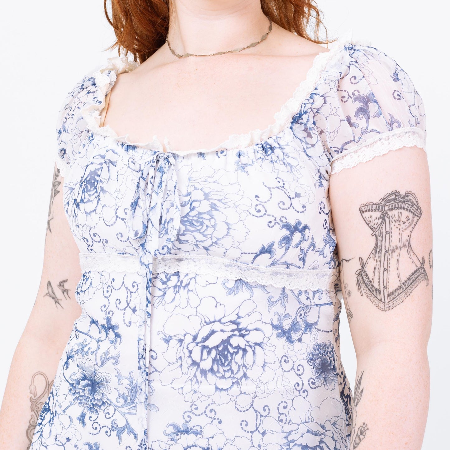 Vintage 90s Blue & White Floral Milkmaid Dress - Medium | Boho Sheer Overlay Coquette Aesthetic Romantic Midi Babydoll Sundress