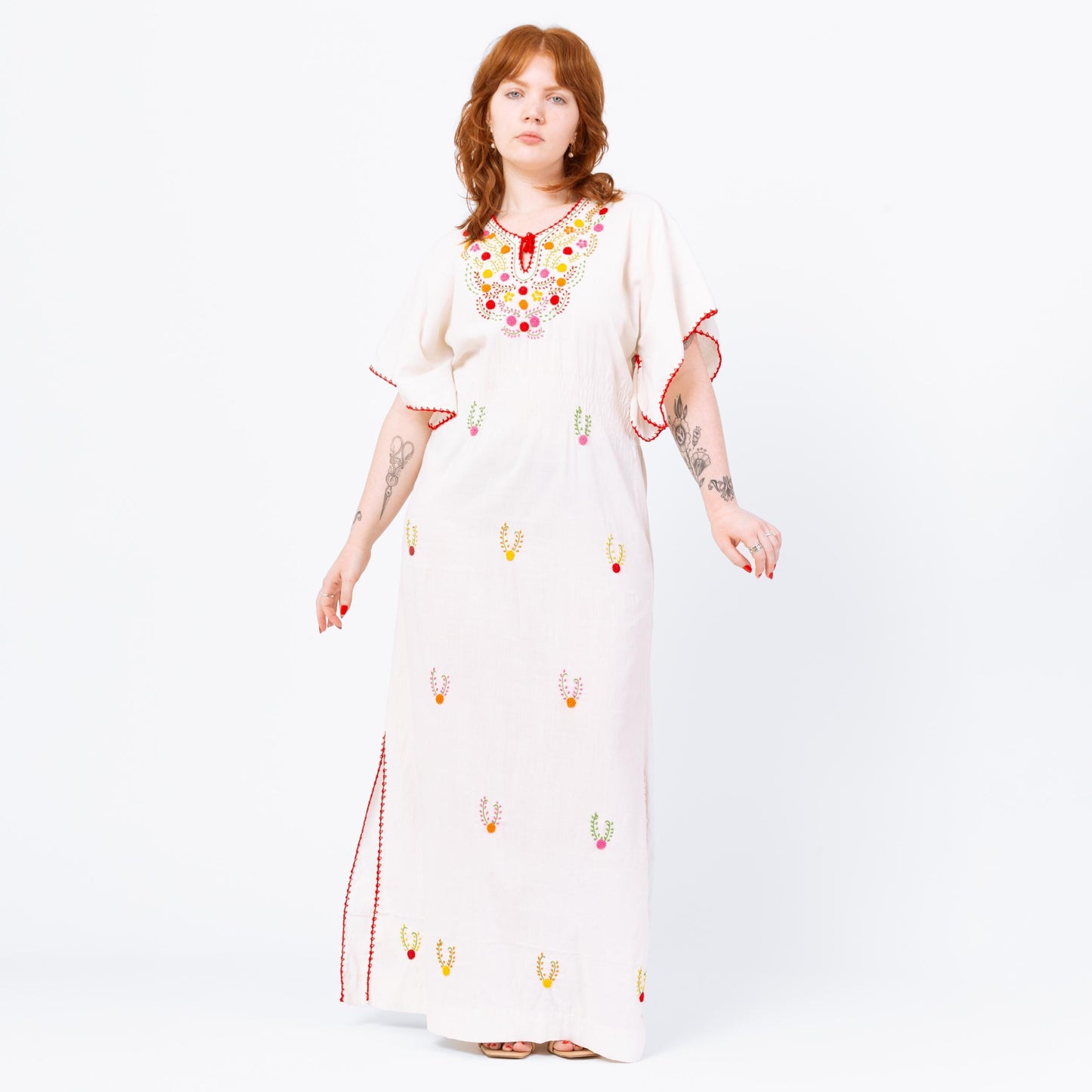 Vintage 60s Boho White Embroidered Angel Sleeve Kaftan Maxi Dress - Large | Bohemian A Line Floral Embroidered Mexican Hippie Gown