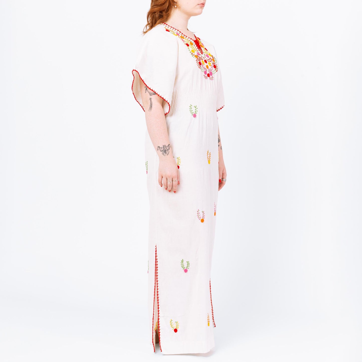 Vintage 60s Boho White Embroidered Angel Sleeve Kaftan Maxi Dress - Large | Bohemian A Line Floral Embroidered Mexican Hippie Gown
