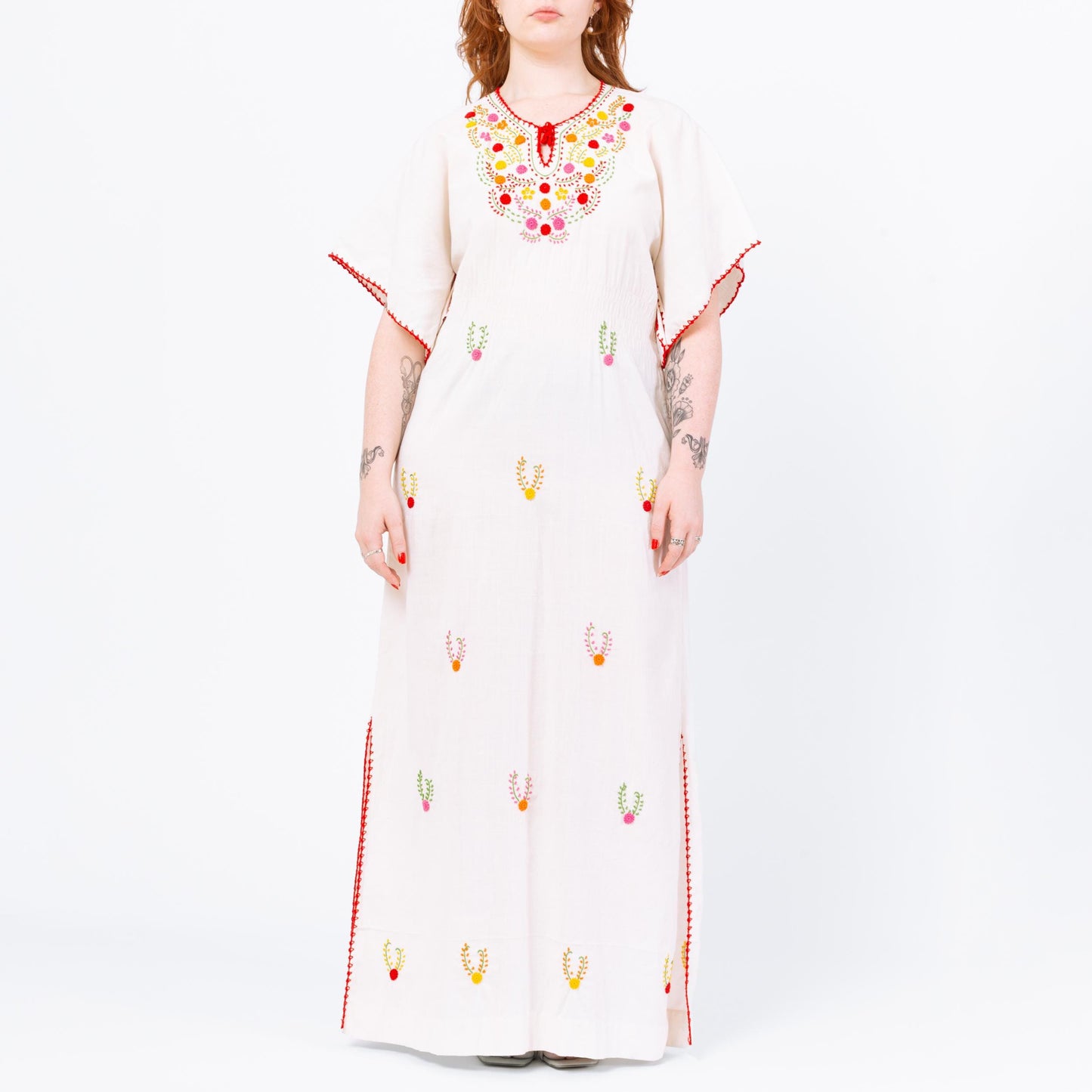 Vintage 60s Boho White Embroidered Angel Sleeve Kaftan Maxi Dress - Large | Bohemian A Line Floral Embroidered Mexican Hippie Gown