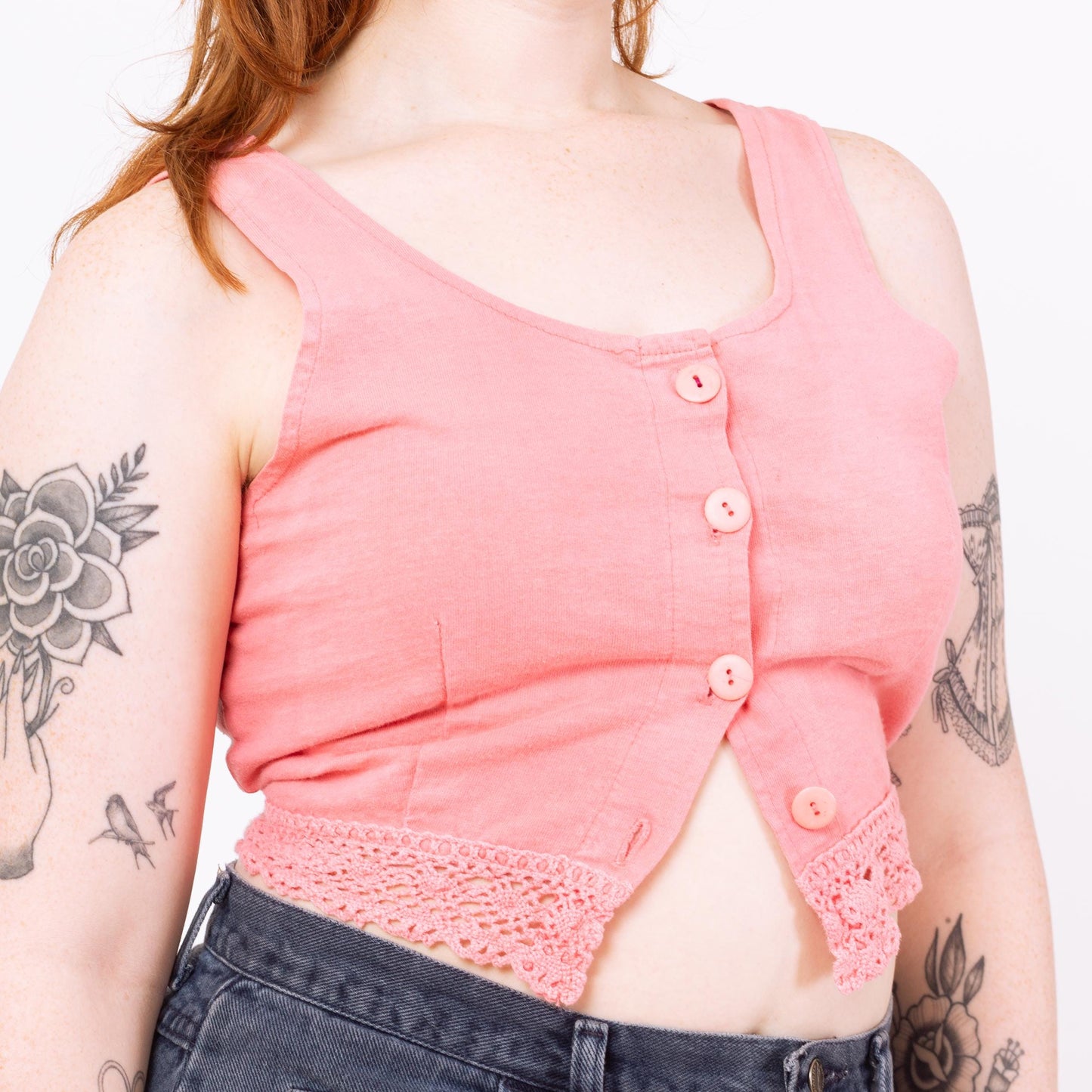 Vintage 80s Pink Cotton Crochet Trim Cropped Tank - Medium | Boho Sleeveless Button Up Crop Top