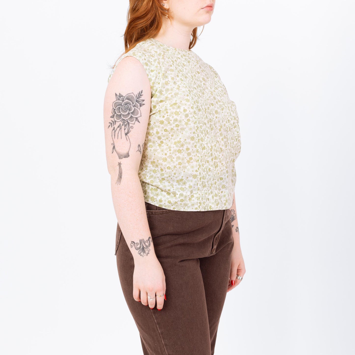 Vintage 60s Mint Green Floral Button Back Sleeveless Top - Medium | 1960s Boho Cropped Summer Blouse