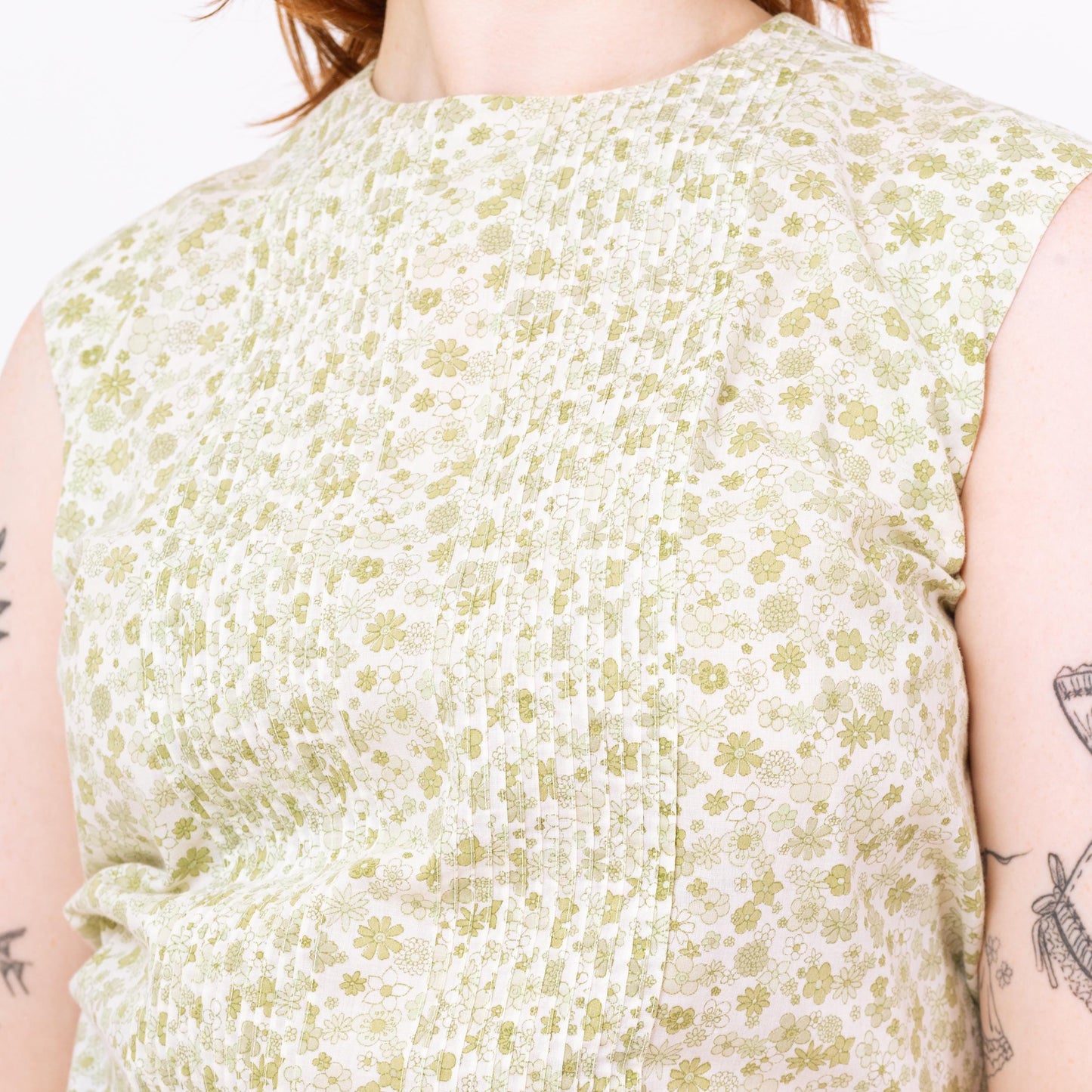 Vintage 60s Mint Green Floral Button Back Sleeveless Top - Medium | 1960s Boho Cropped Summer Blouse