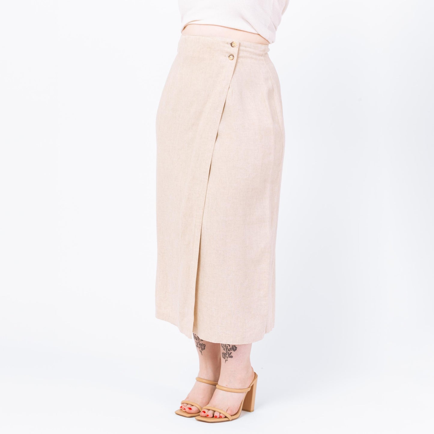 Vintage 90s Ecru Linen Maxi Wrap Skirt - Medium, 30” Waist | Minimalist High Waisted Long Oatmeal Skirt