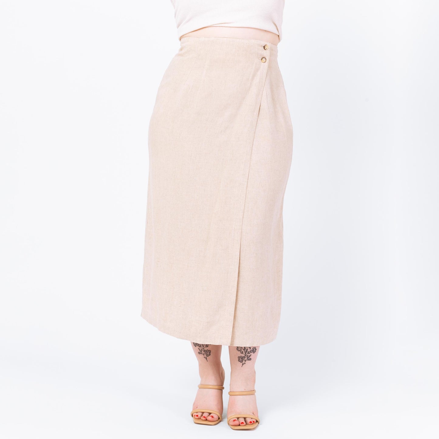 Vintage 90s Ecru Linen Maxi Wrap Skirt - Medium, 30” Waist | Minimalist High Waisted Long Oatmeal Skirt