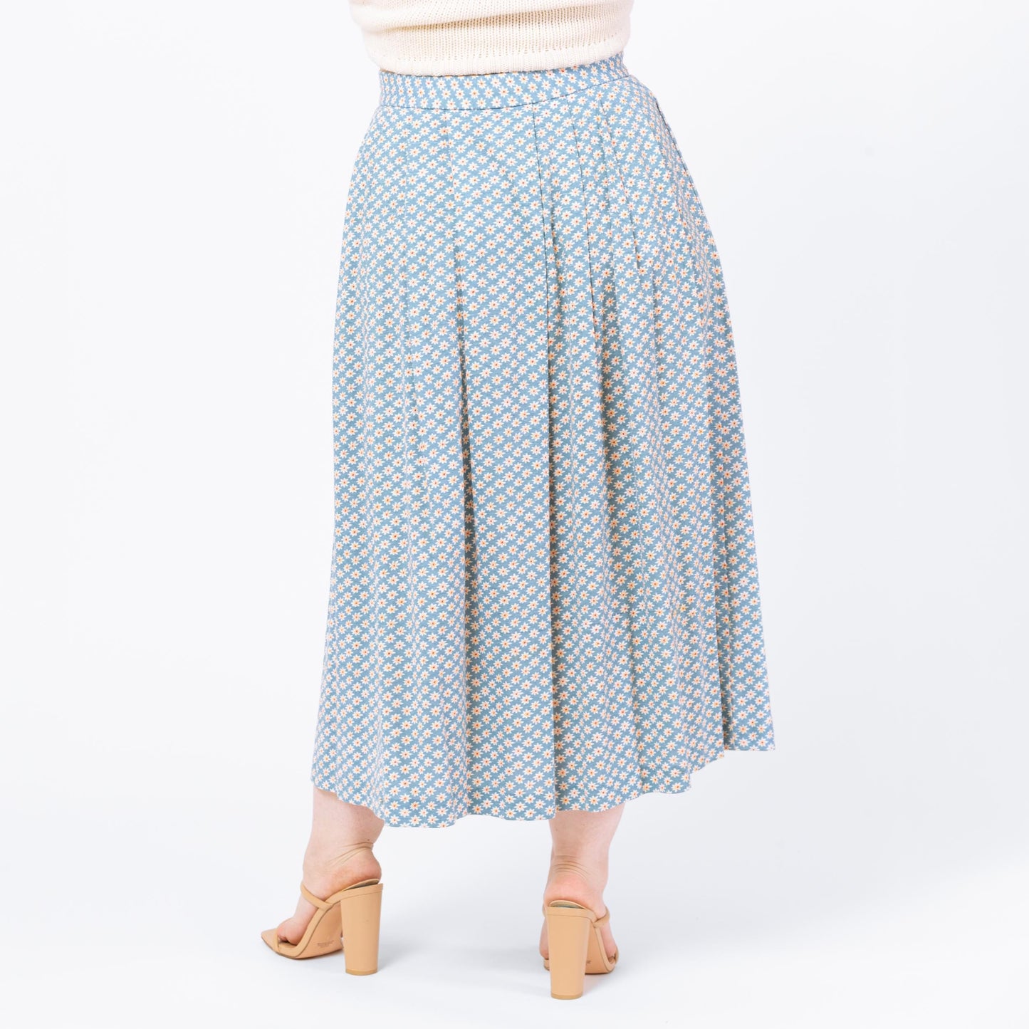 Vintage 90s Blue Daisy Floral Print Maxi Skirt - Large, 31"-32" Waist | High Waisted Pleated Boho Long Pocket Skirt