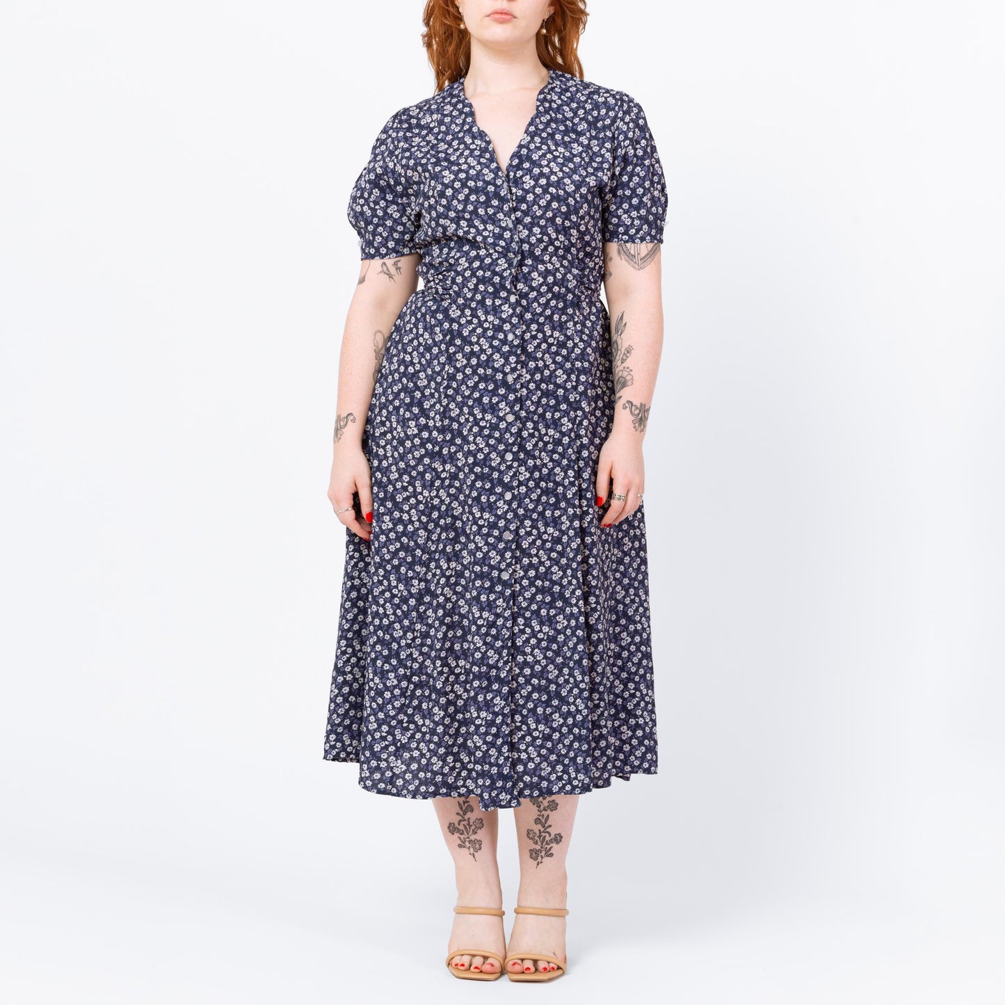 Vintage 90s Blue Floral Puff Sleeve Midi Dress - Medium | Boho Button Up Short Sleeve Shirtdress