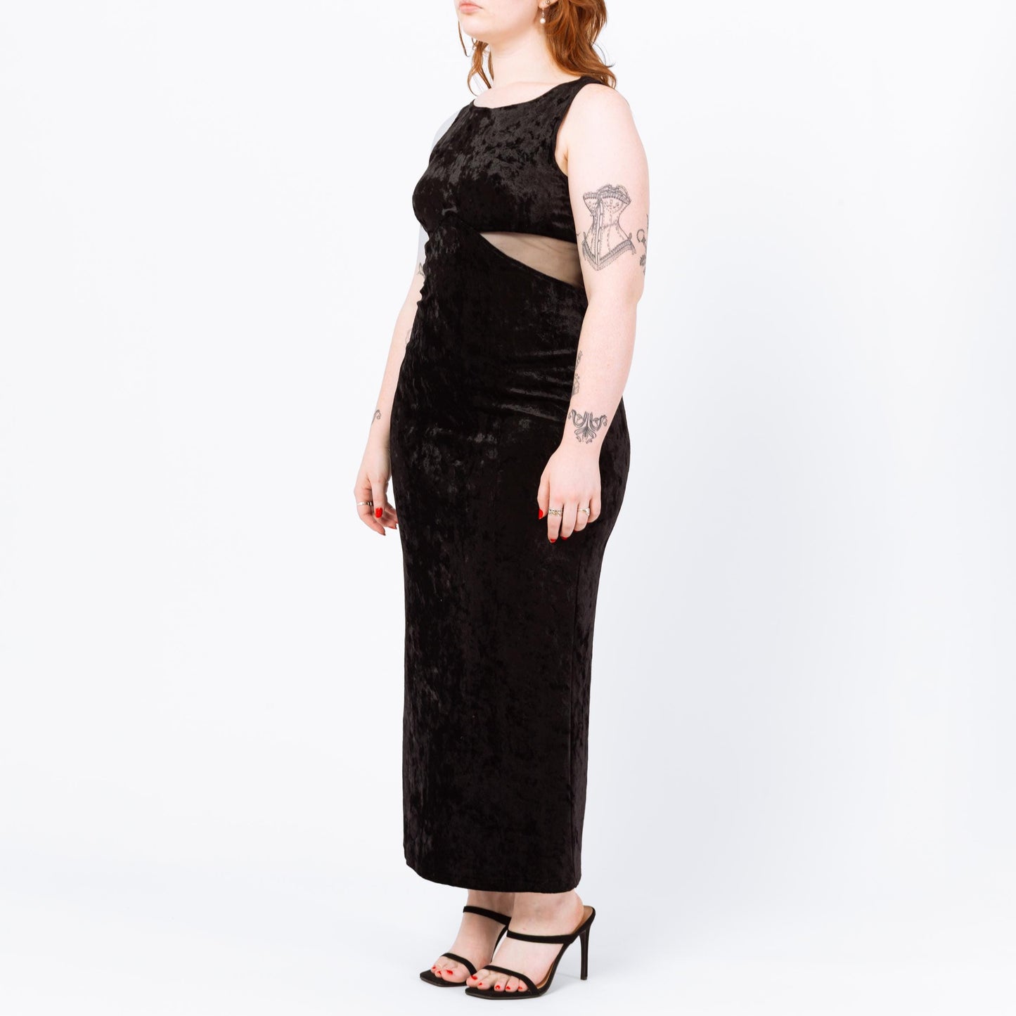 Vintage 90s Black Velvet Mesh Cut Out Waist Maxi Dress - Large | Sleeveless Bodycon Fitted Slinky Sexy Cocktail Party Dress