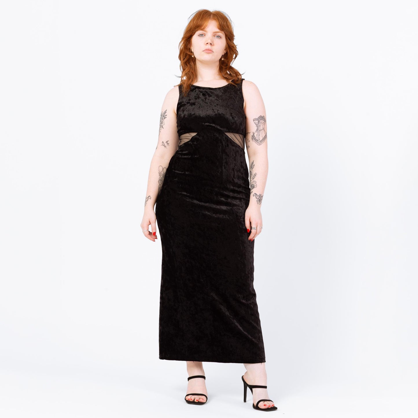 Vintage 90s Black Velvet Mesh Cut Out Waist Maxi Dress - Large | Sleeveless Bodycon Fitted Slinky Sexy Cocktail Party Dress