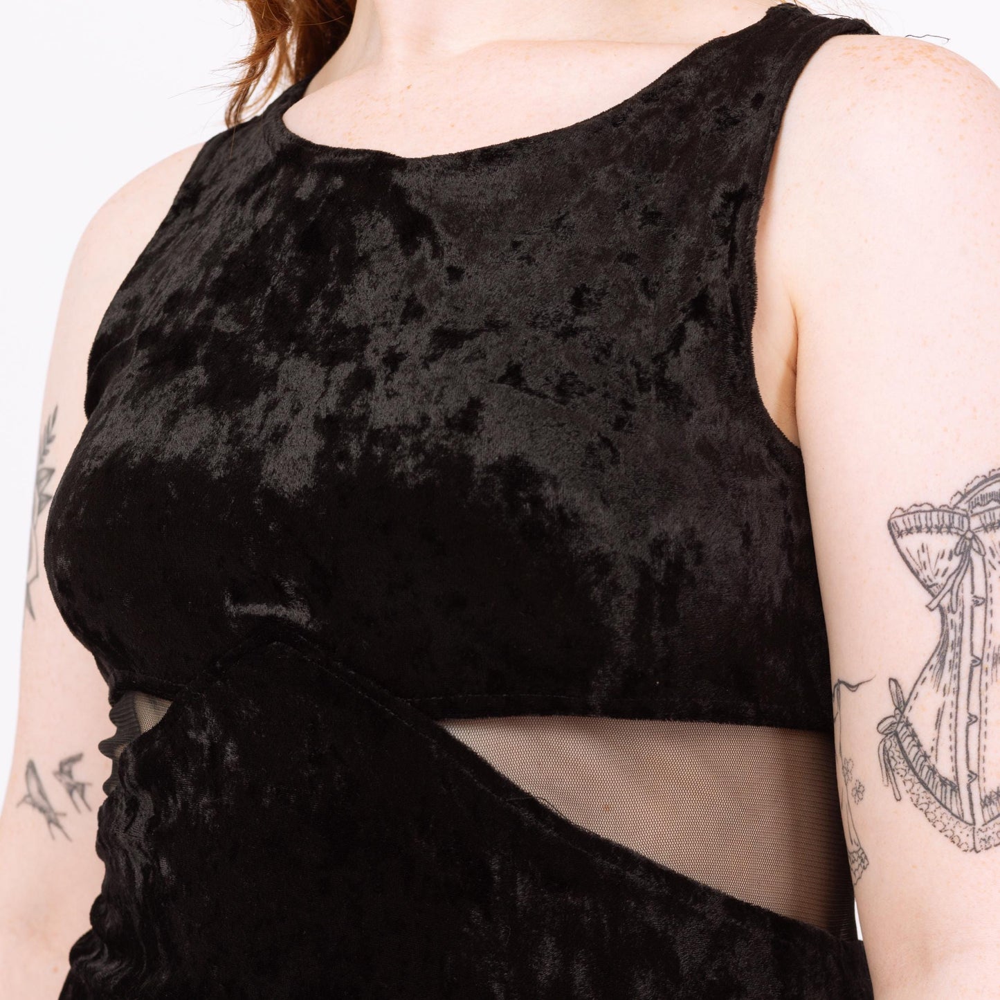Vintage 90s Black Velvet Mesh Cut Out Waist Maxi Dress - Large | Sleeveless Bodycon Fitted Slinky Sexy Cocktail Party Dress