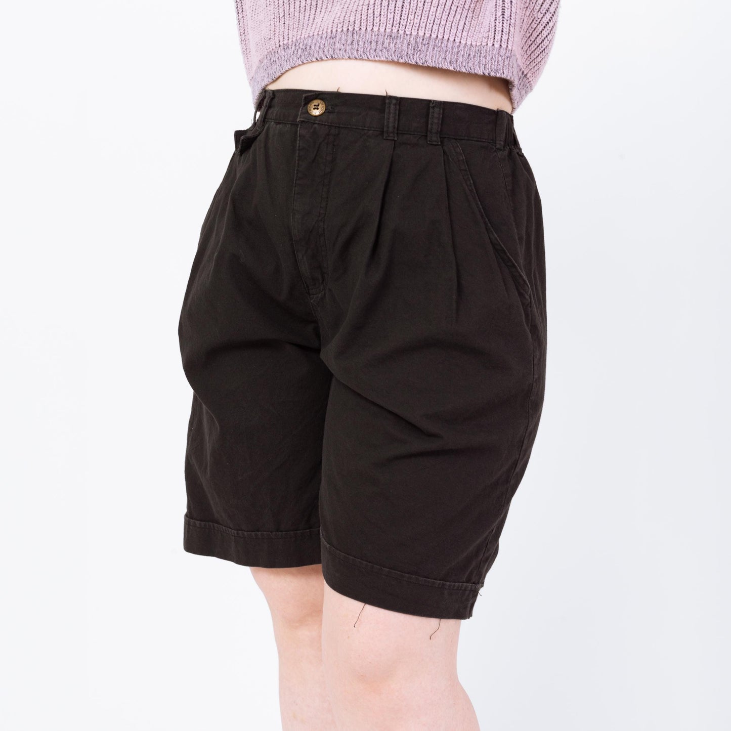 Vintage 90s Black Cotton High Waisted Shorts - Large, 29"-34" Waist | Pleated Mid Length Casual Shorts