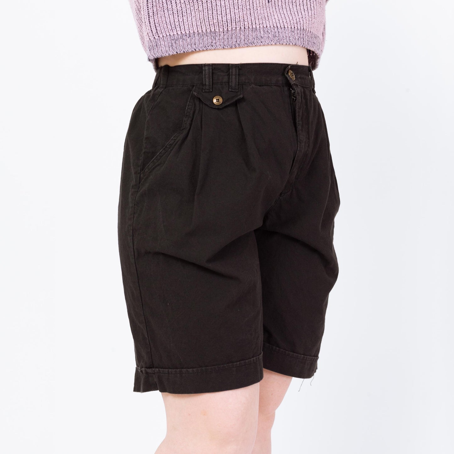 Vintage 90s Black Cotton High Waisted Shorts - Large, 29"-34" Waist | Pleated Mid Length Casual Shorts