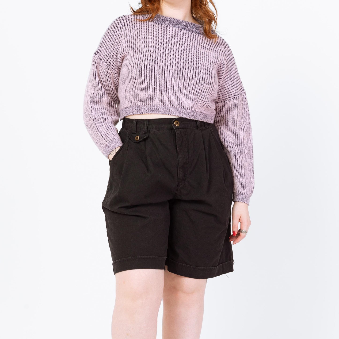 Vintage 90s Black Cotton High Waisted Shorts - Large, 29"-34" Waist | Pleated Mid Length Casual Shorts