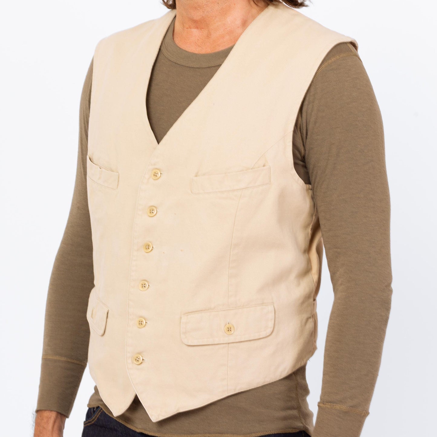 Vintage 90s Polo Ralph Lauren Khaki Vest - Large | Western Wear Cream Cotton Vest, Sleeveless Button Up Layering Shirt