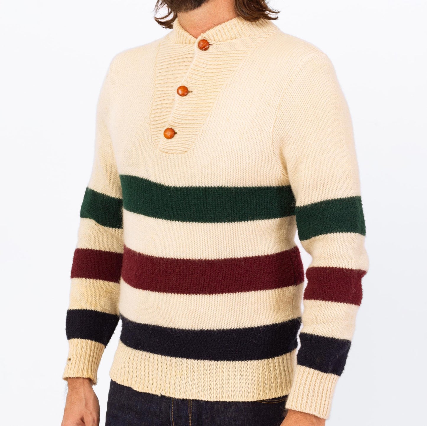 Vintage 70s Striped Knit Henley Sweater - Small | Button Up Long Sleeve Wool Pullover