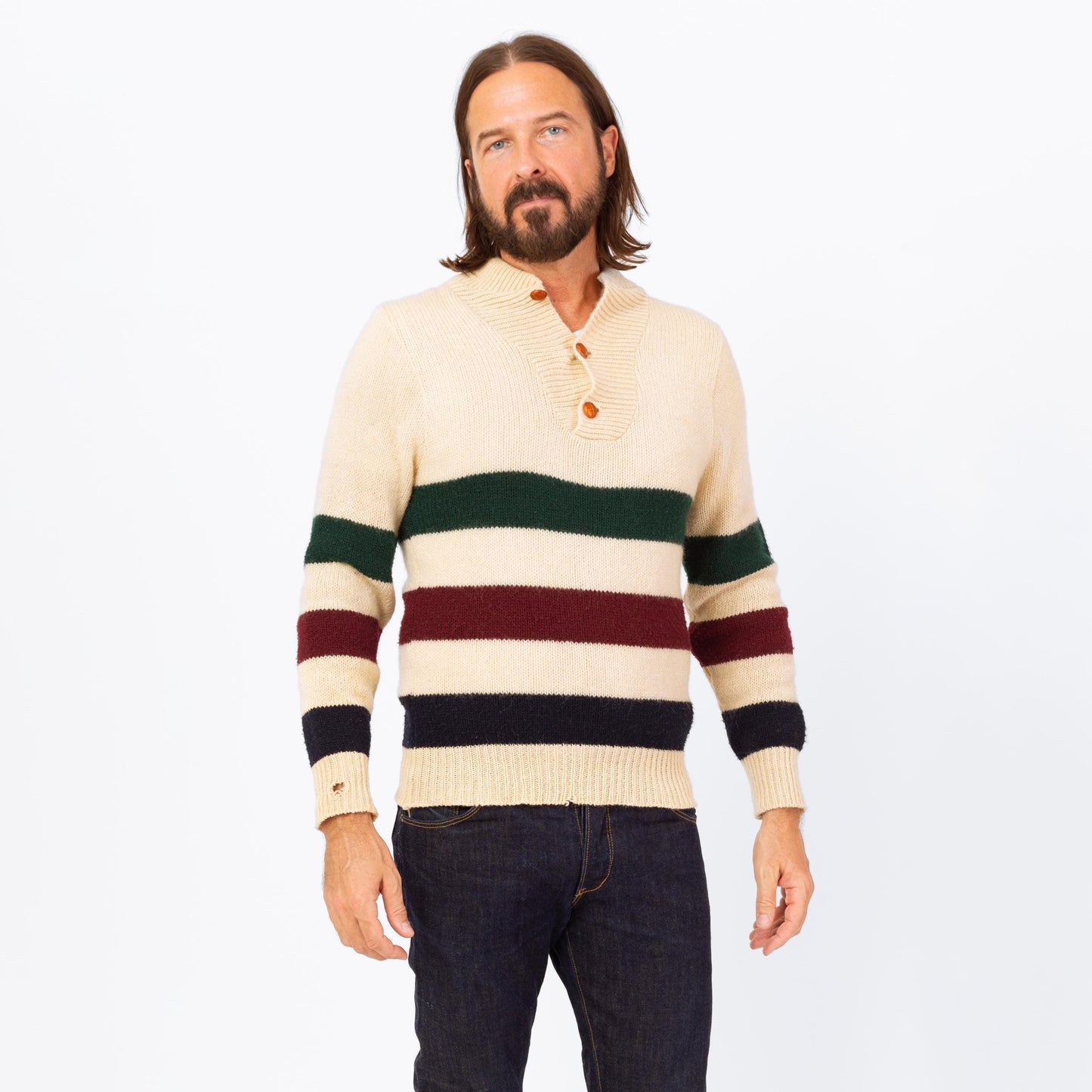 Vintage 70s Striped Knit Henley Sweater - Small | Button Up Long Sleeve Wool Pullover
