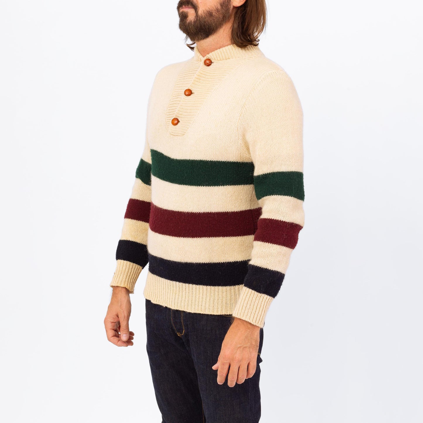 Vintage 70s Striped Knit Henley Sweater - Small | Button Up Long Sleeve Wool Pullover