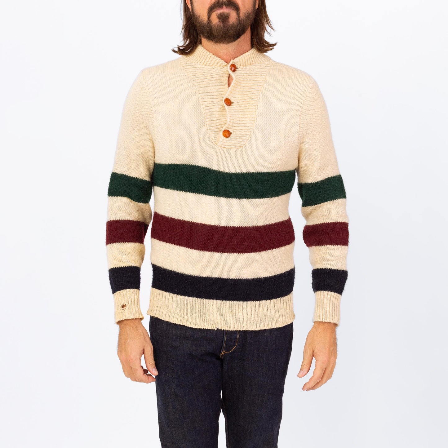 Vintage 70s Striped Knit Henley Sweater - Small | Button Up Long Sleeve Wool Pullover