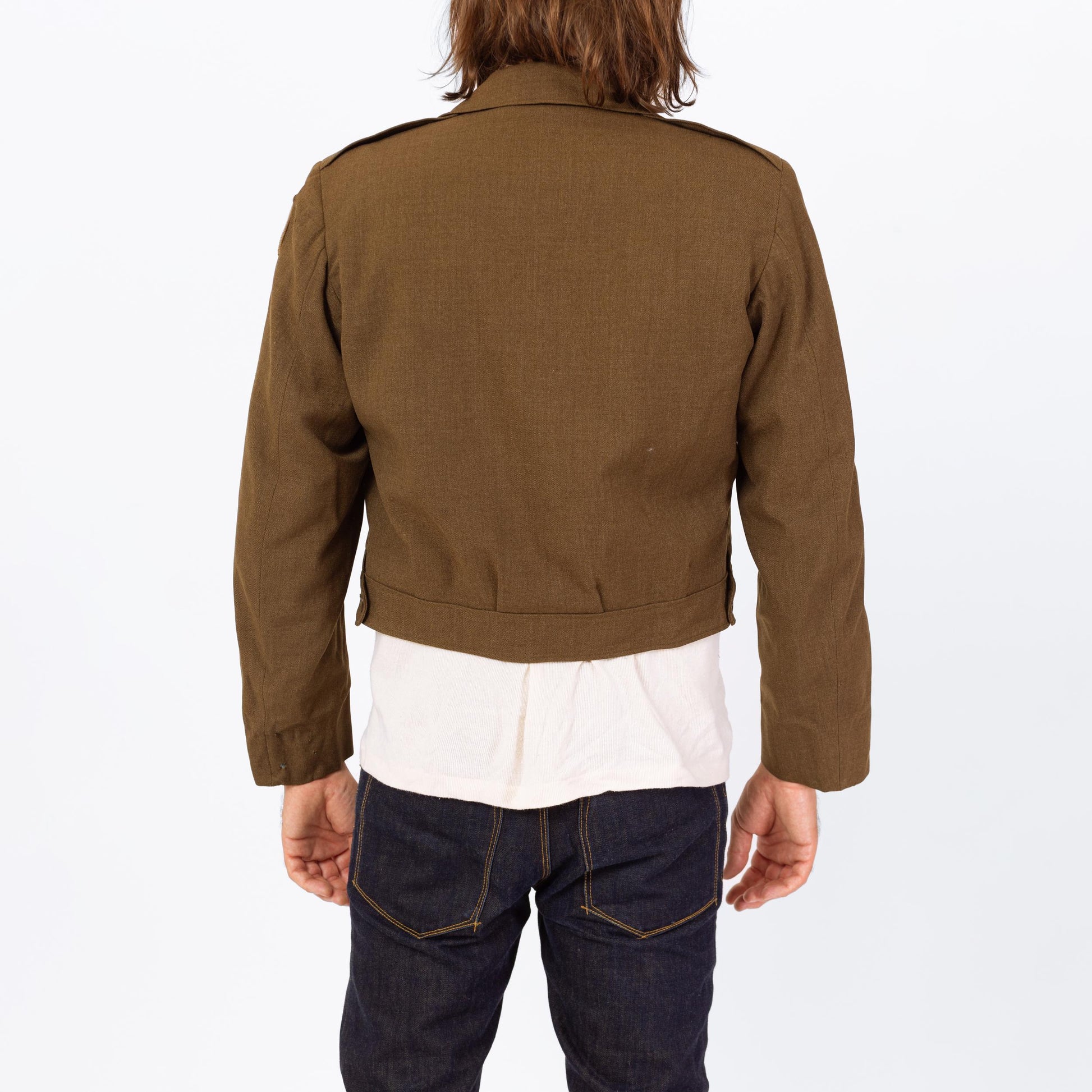 Vintage 1940s WWII Cropped Ike Army Jacket - Medium, 40R | Eisenhower Olive Drab Military Uniform Short Wool Coat