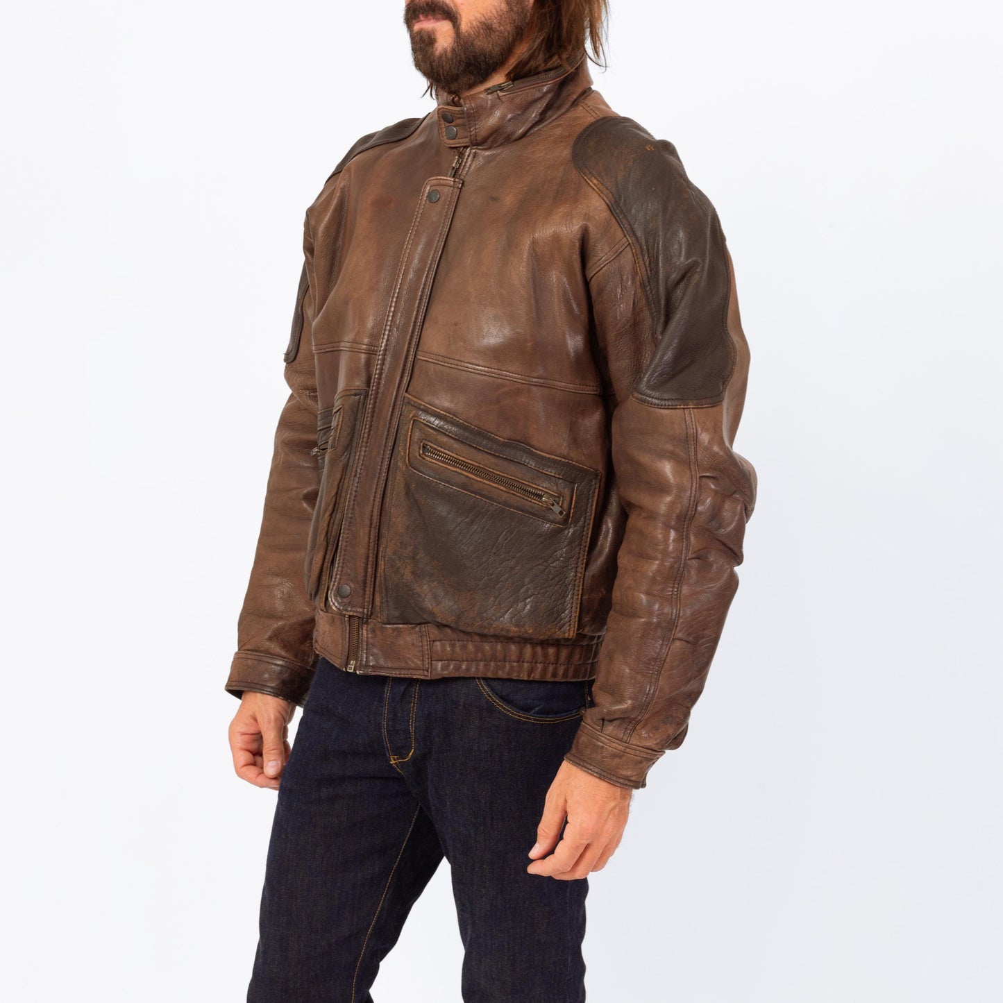 Vintage 80s Brown Leather Bomber Jacket - Extra Large | Berman's Zip Up Oversize Aviator Moto Coat