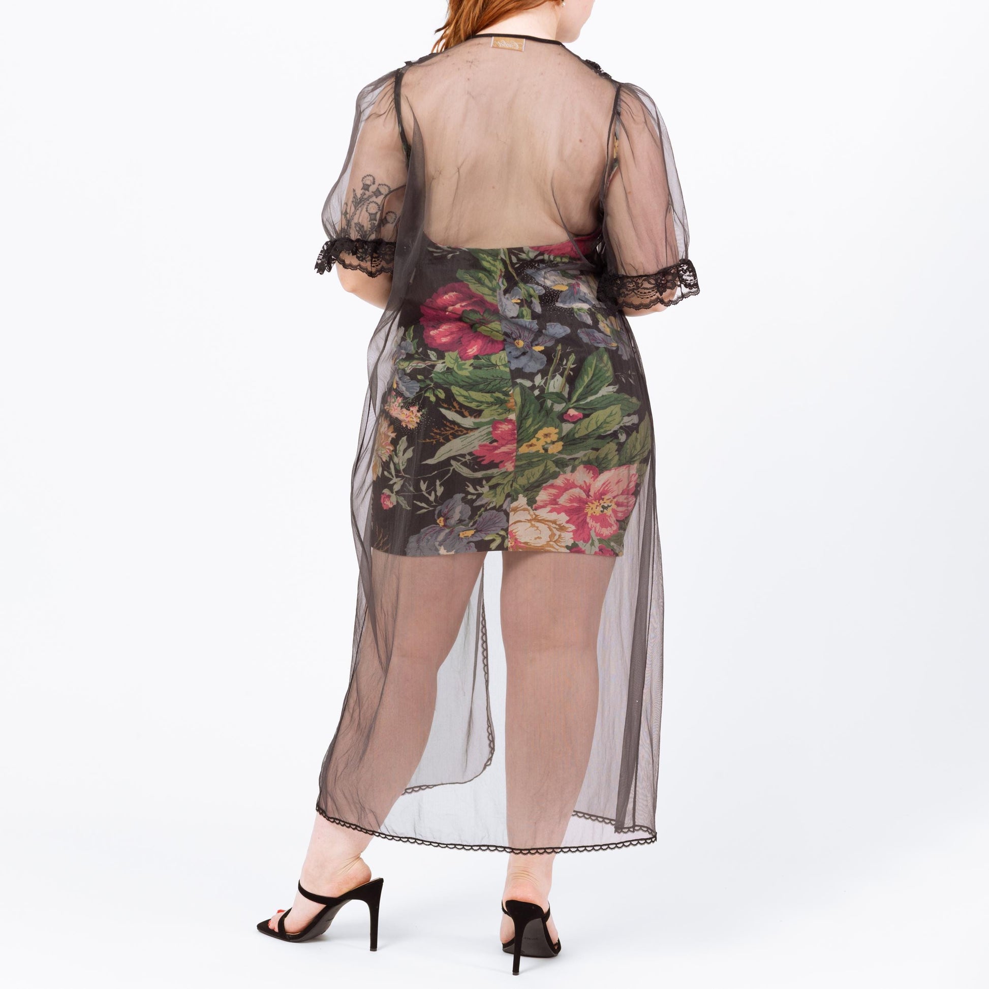 Vintage 70s Sheer Black Peignoir Robe - Medium | Gothic Lace Trim Maxi Negligee Dressing Gown