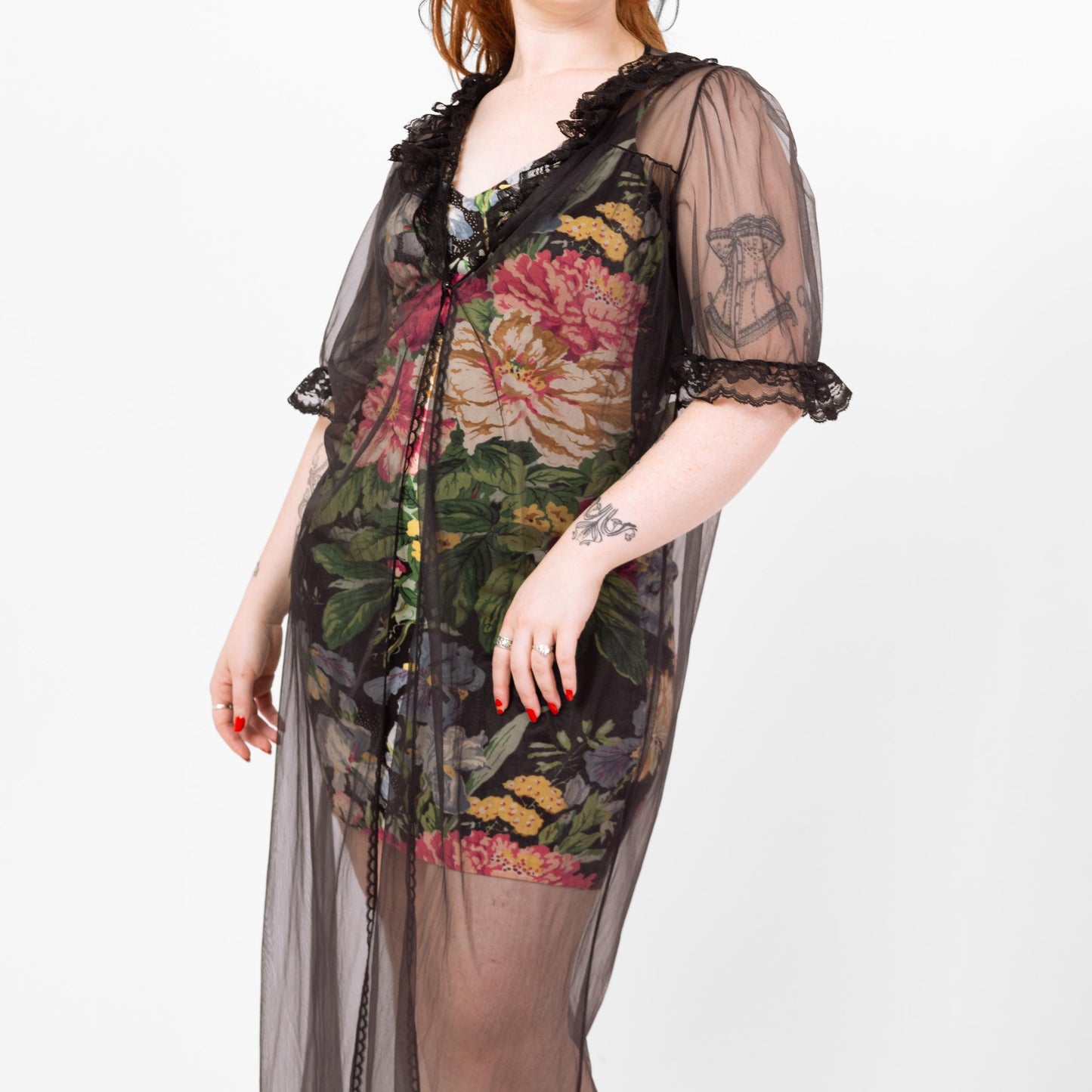 Vintage 70s Sheer Black Peignoir Robe - Medium | Gothic Lace Trim Maxi Negligee Dressing Gown