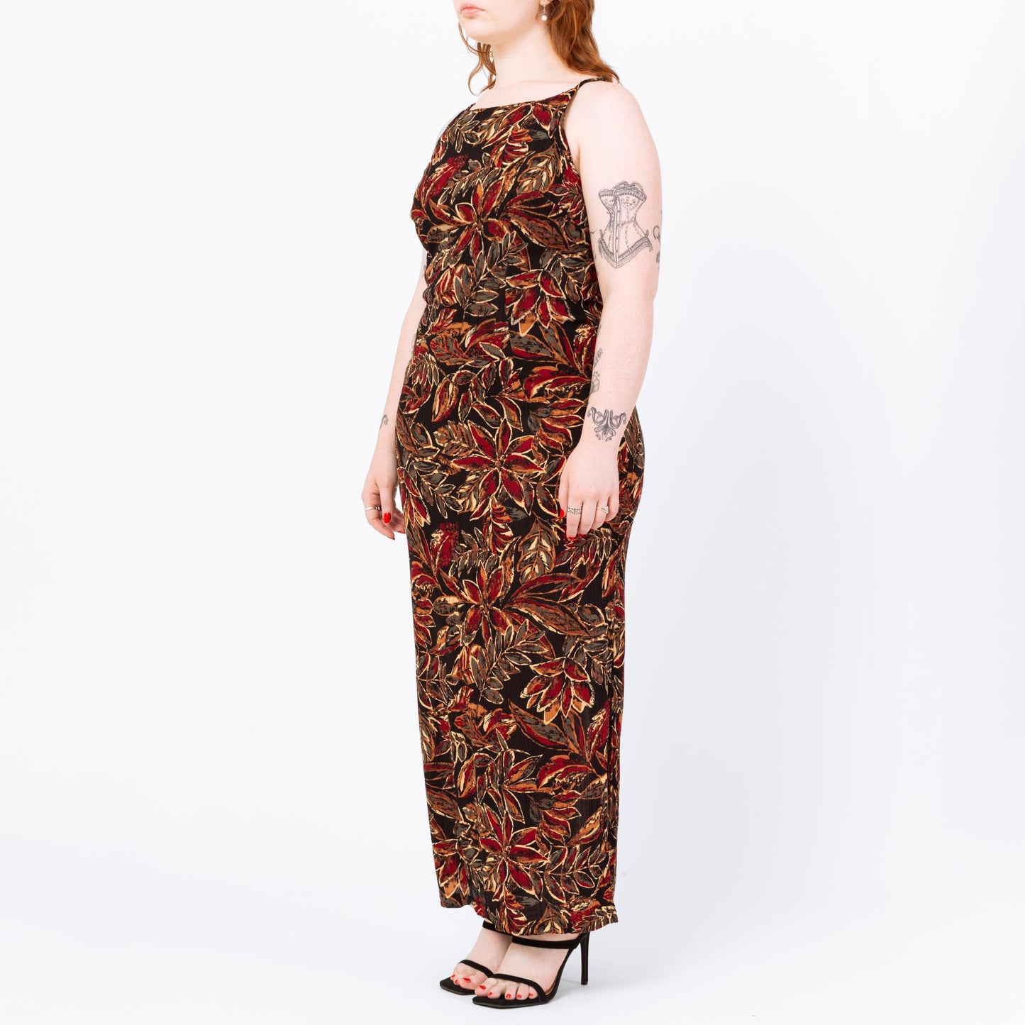 Vintage 90s Boho Black Tropical Floral Maxi Dress - Large | Batik Print Spaghetti Strap Summer Sundress