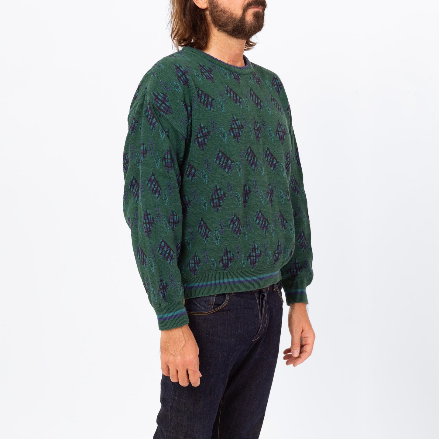 Vintage 90s Ralph Lauren Green Cotton Knit Sweater - Large | Chaps Argyle Diamond Knit Slouchy Pullover Grandpa Sweater