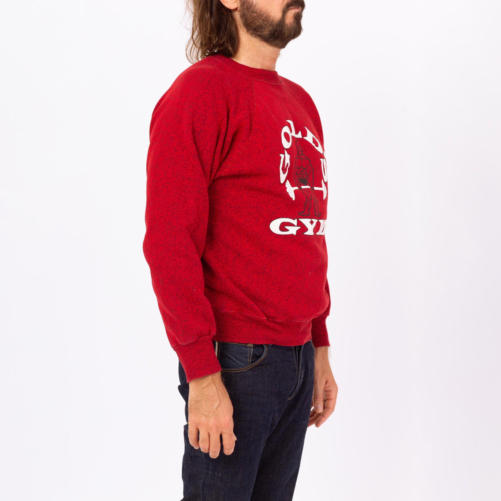 Vintage 90s Gold's Gym Crew Neck Sweatshirt - Medium | Red Weight Lifting Graphic Raglan Sleeve Pullover