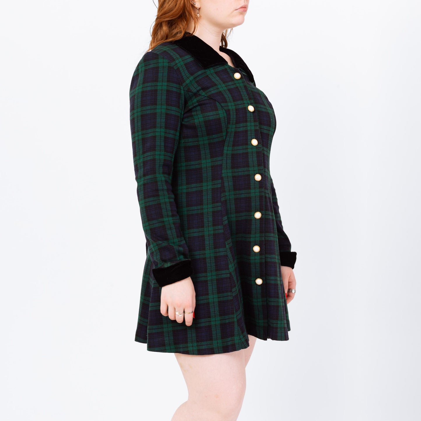 Vintage 90s Dark Plaid Schoolgirl Mini Dress - Large | Academia Black Watch Tartan Button Front Long Sleeve Mod Dress