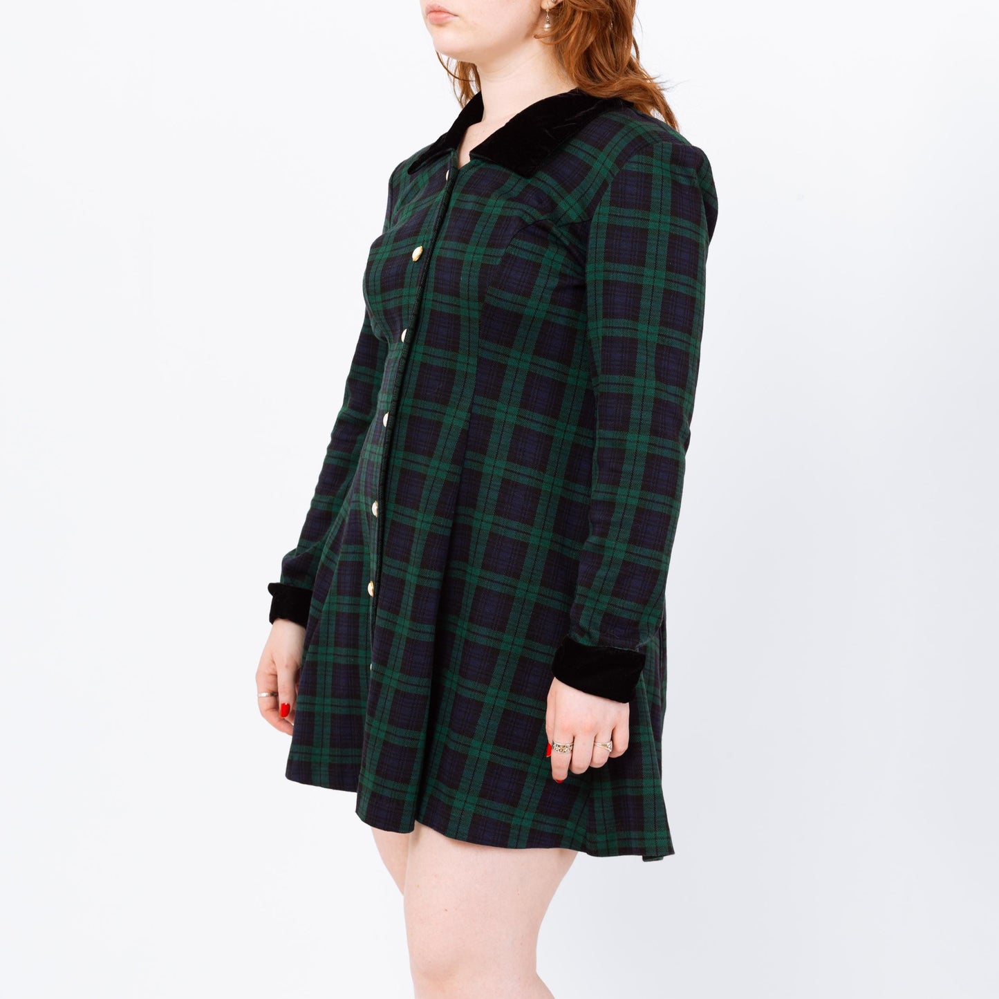 Vintage 90s Dark Plaid Schoolgirl Mini Dress - Large | Academia Black Watch Tartan Button Front Long Sleeve Mod Dress
