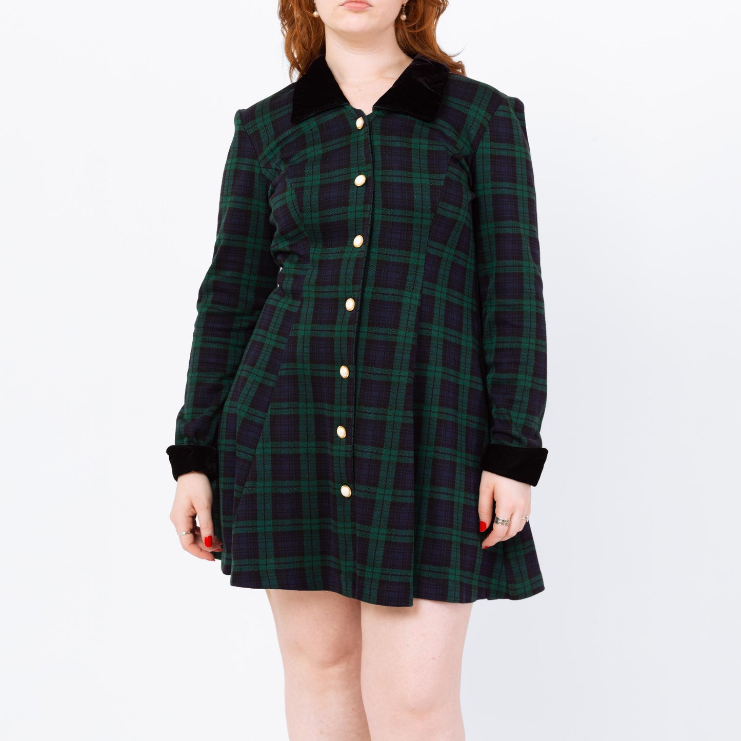 Vintage 90s Dark Plaid Schoolgirl Mini Dress - Large | Academia Black Watch Tartan Button Front Long Sleeve Mod Dress