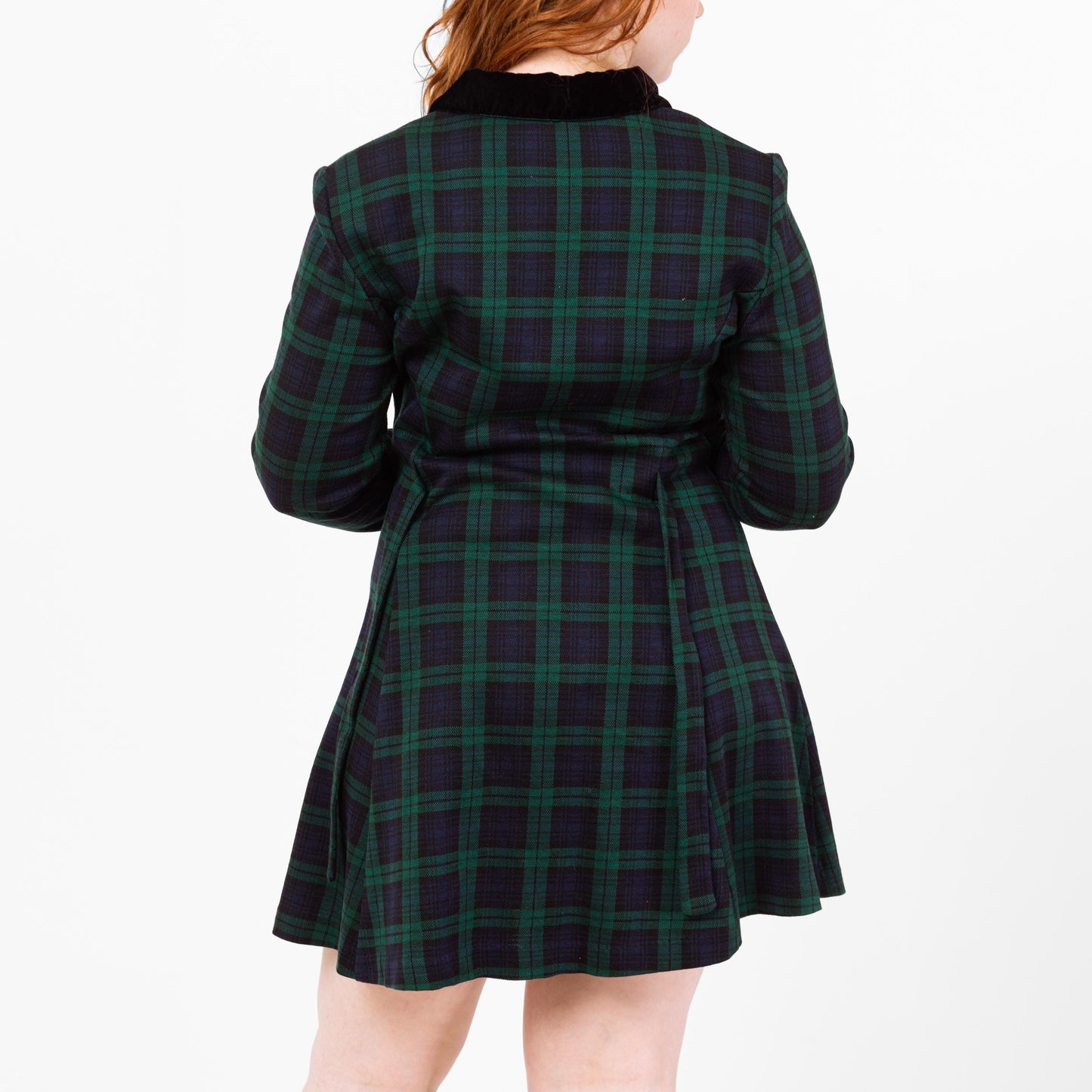 Vintage 90s Dark Plaid Schoolgirl Mini Dress - Large | Academia Black Watch Tartan Button Front Long Sleeve Mod Dress