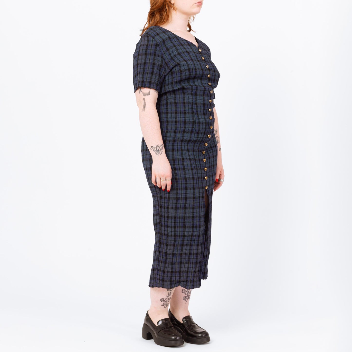 Vintage 90s Midnight Blue Plaid Maxi Dress - Large | Grunge Dark Academia Button Front High Slit Tie Back Dress