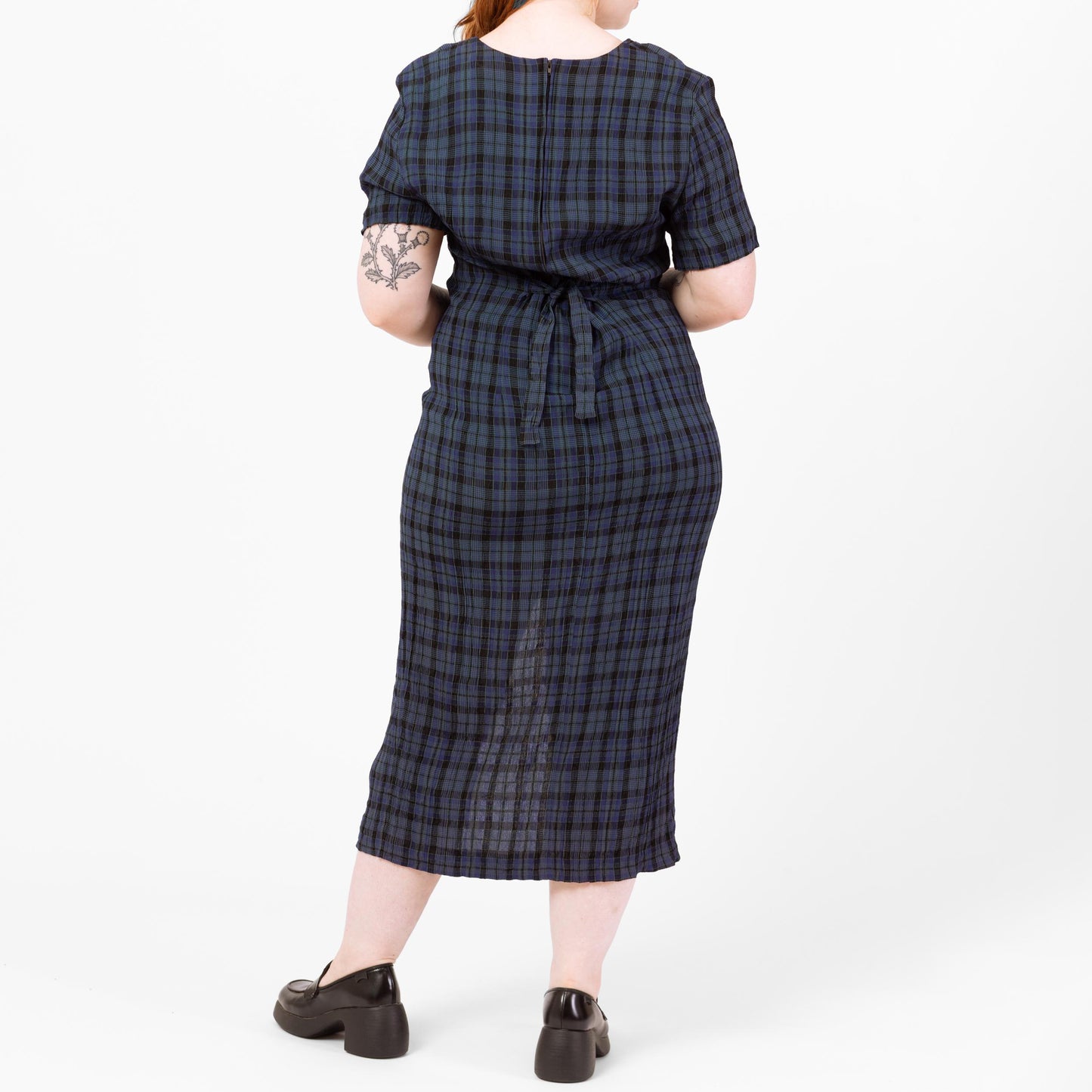 Vintage 90s Midnight Blue Plaid Maxi Dress - Large | Grunge Dark Academia Button Front High Slit Tie Back Dress