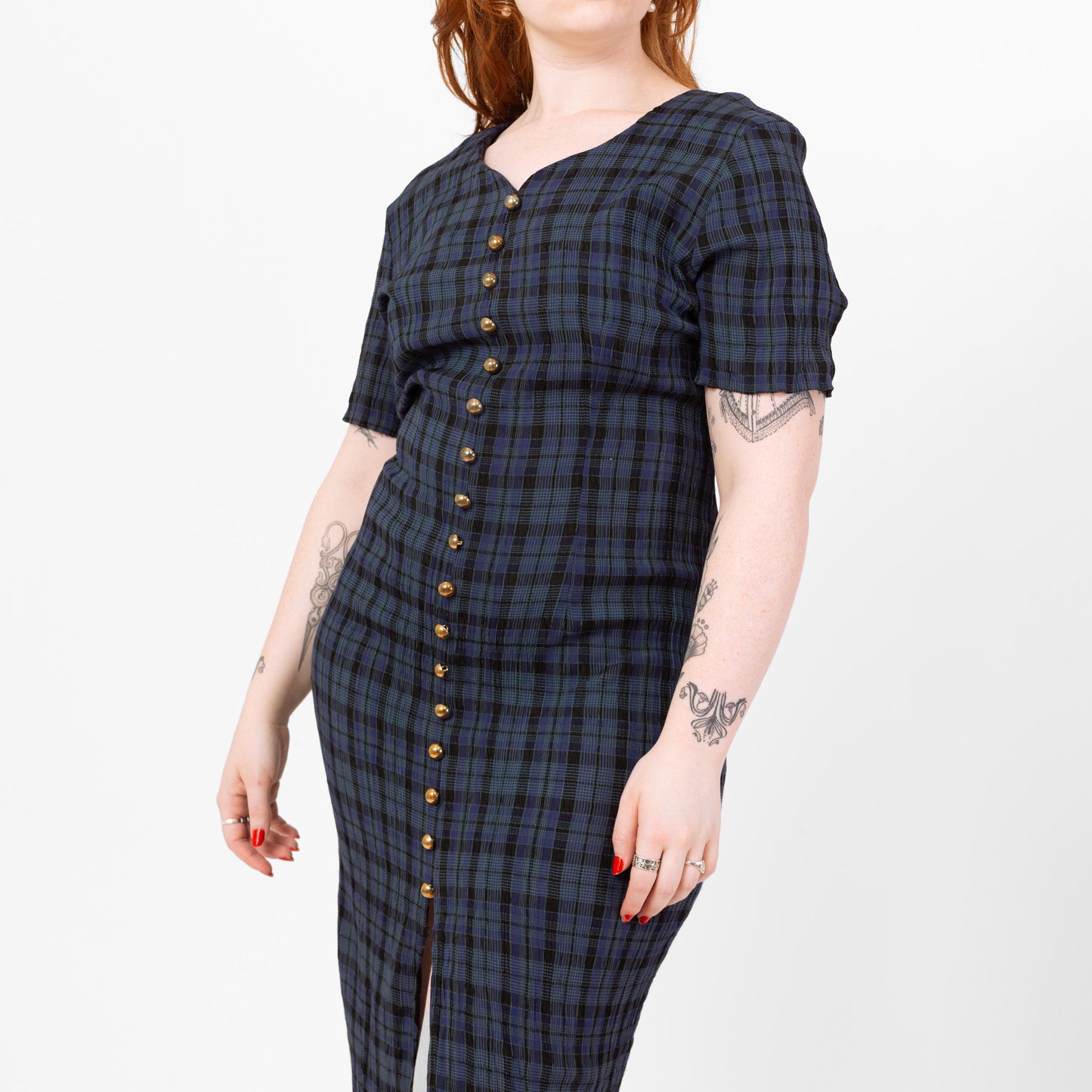Vintage 90s Midnight Blue Plaid Maxi Dress - Large | Grunge Dark Academia Button Front High Slit Tie Back Dress