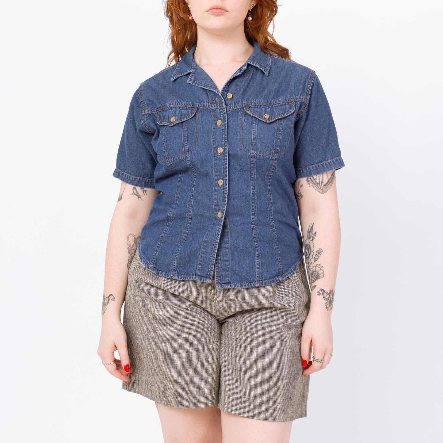 Vintage 90s Short Sleeve Chambray Shirt - Medium | Cropped Button Up Denim Top