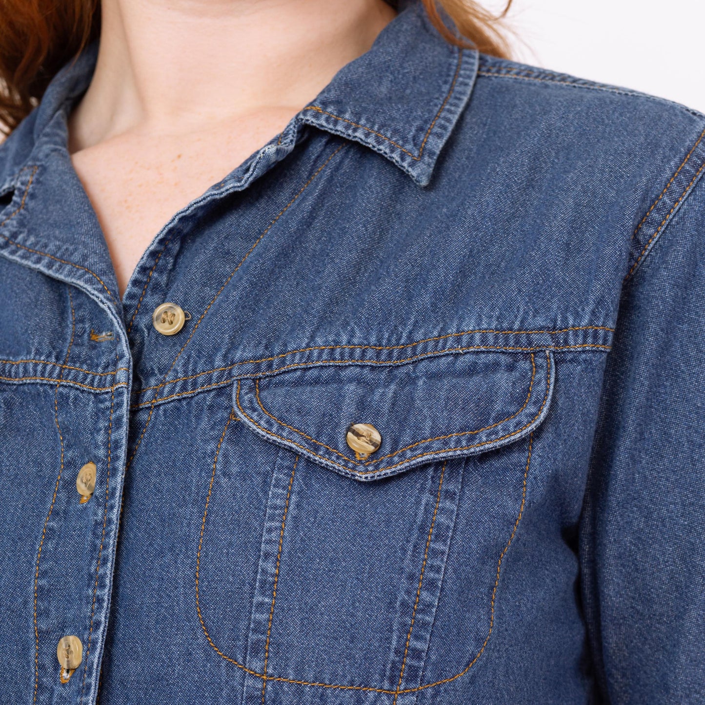 Vintage 90s Short Sleeve Chambray Shirt - Medium | Cropped Button Up Denim Top