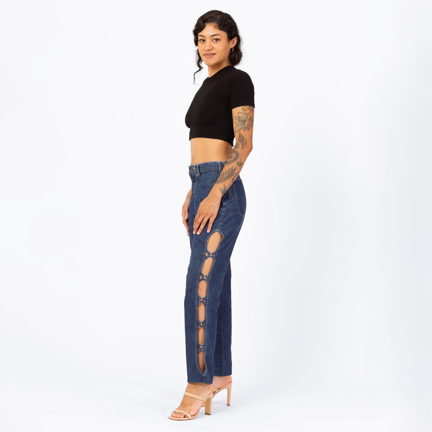 Vintage 80s High Waisted Cutout Jeans - Small, 27" Waist | Frederick's Of Hollywood Dark Wash Denim Straight Leg Rocker Jeans