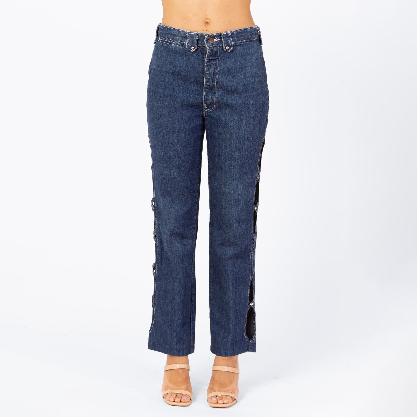 Vintage 80s High Waisted Cutout Jeans - Small, 27" Waist | Frederick's Of Hollywood Dark Wash Denim Straight Leg Rocker Jeans