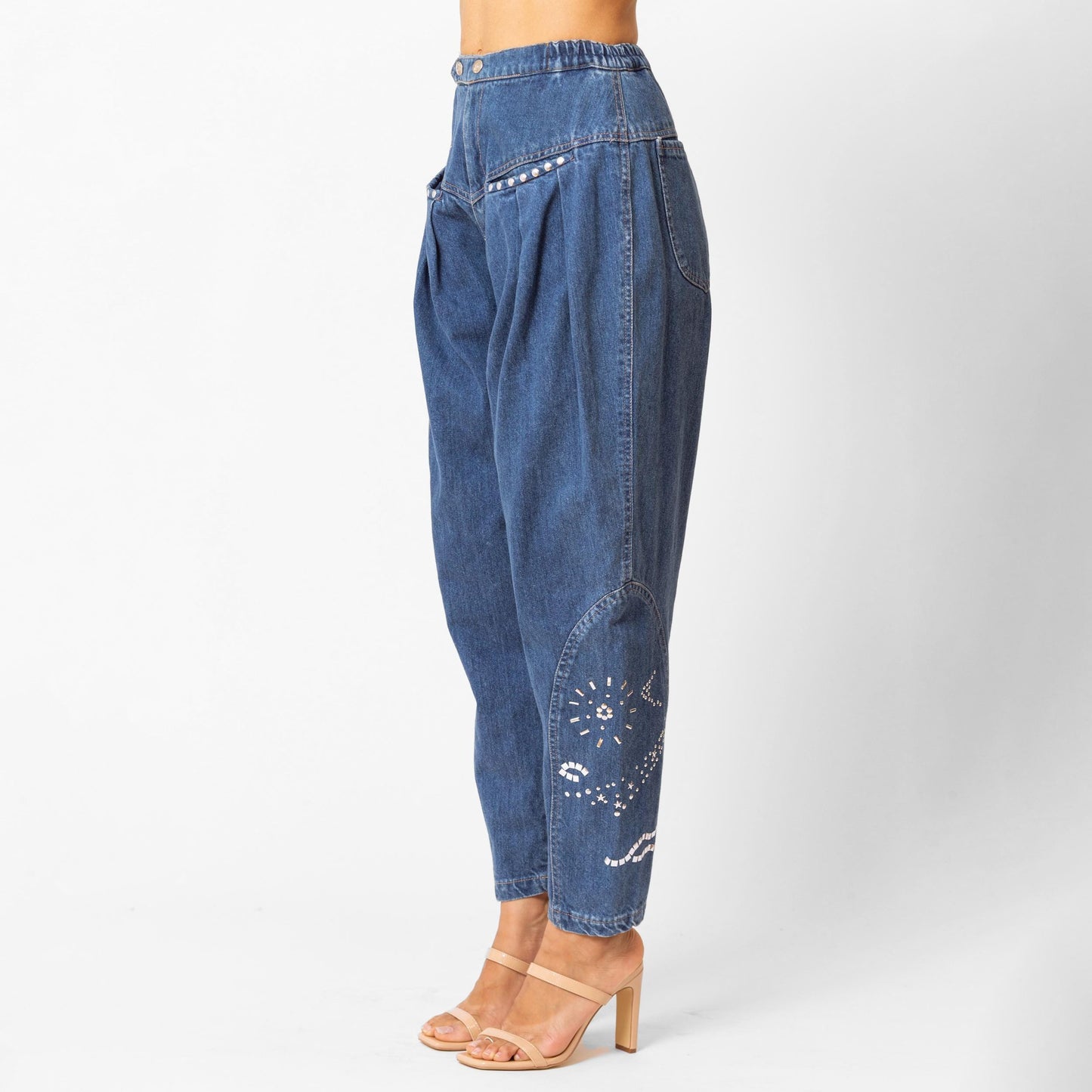 Vintage 80s Studded Fox Balloon Jeans - Extra Small, 22"-25" Waist | Streetwear Denim High Waisted Tapered Leg Baggy Barrel Jeans