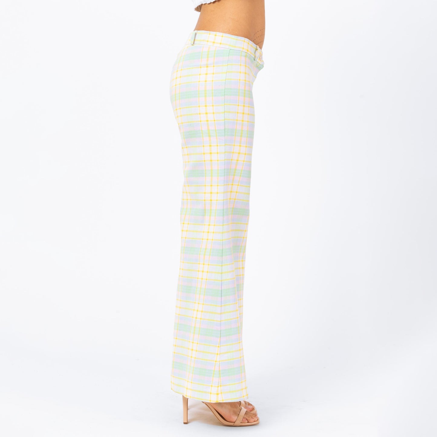 Vintage 70s Pastel Plaid Bell Bottoms - Small | Low Rise Retro Flares Yellow Green Hippie Trousers
