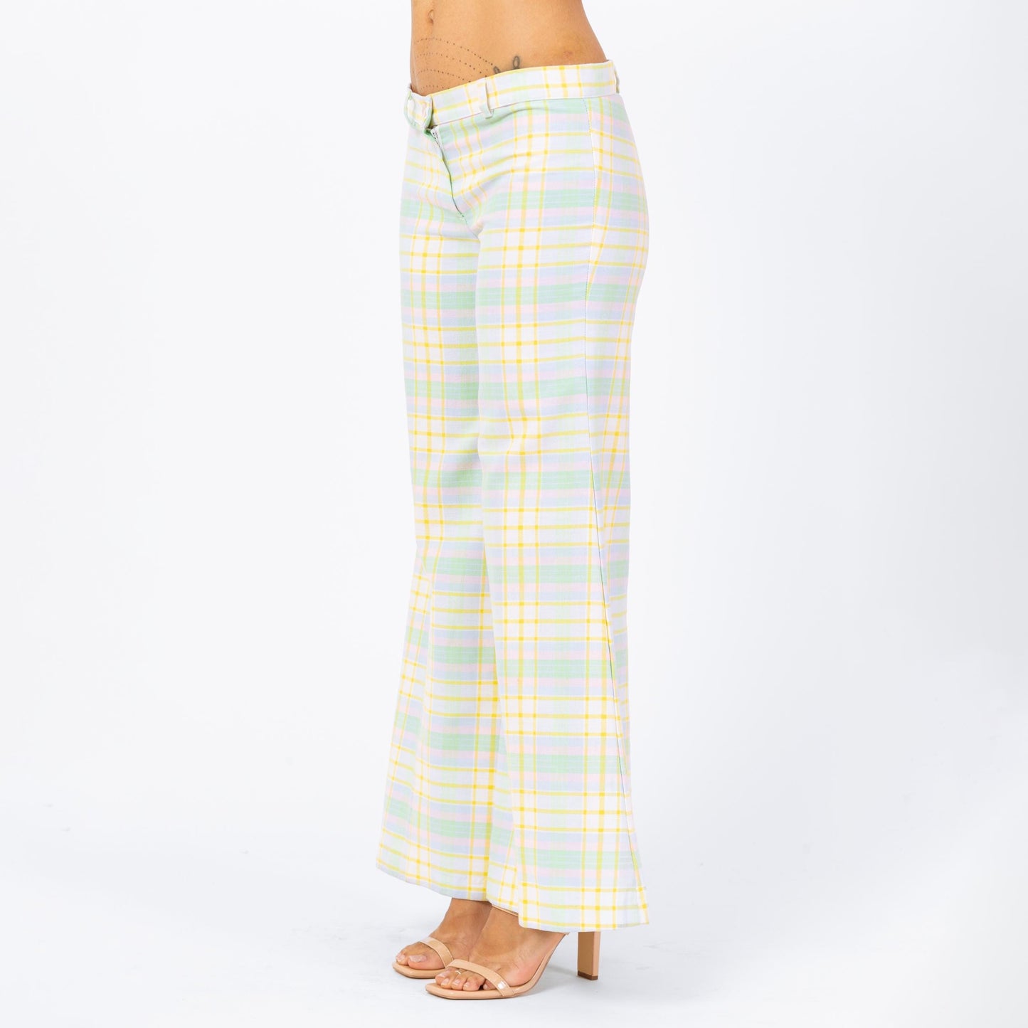 Vintage 70s Pastel Plaid Bell Bottoms - Small | Low Rise Retro Flares Yellow Green Hippie Trousers