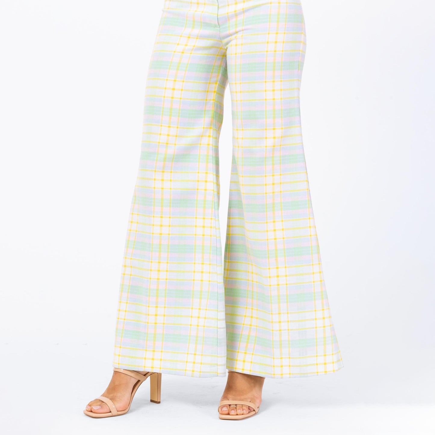 Vintage 70s Pastel Plaid Bell Bottoms - Small | Low Rise Retro Flares Yellow Green Hippie Trousers