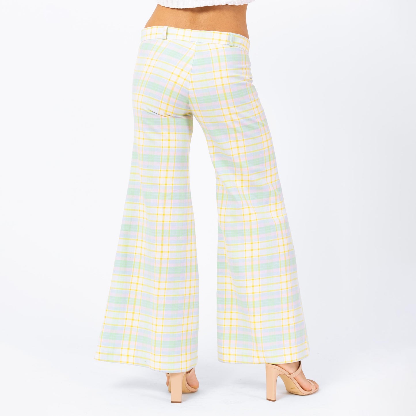 Vintage 70s Pastel Plaid Bell Bottoms - Small | Low Rise Retro Flares Yellow Green Hippie Trousers