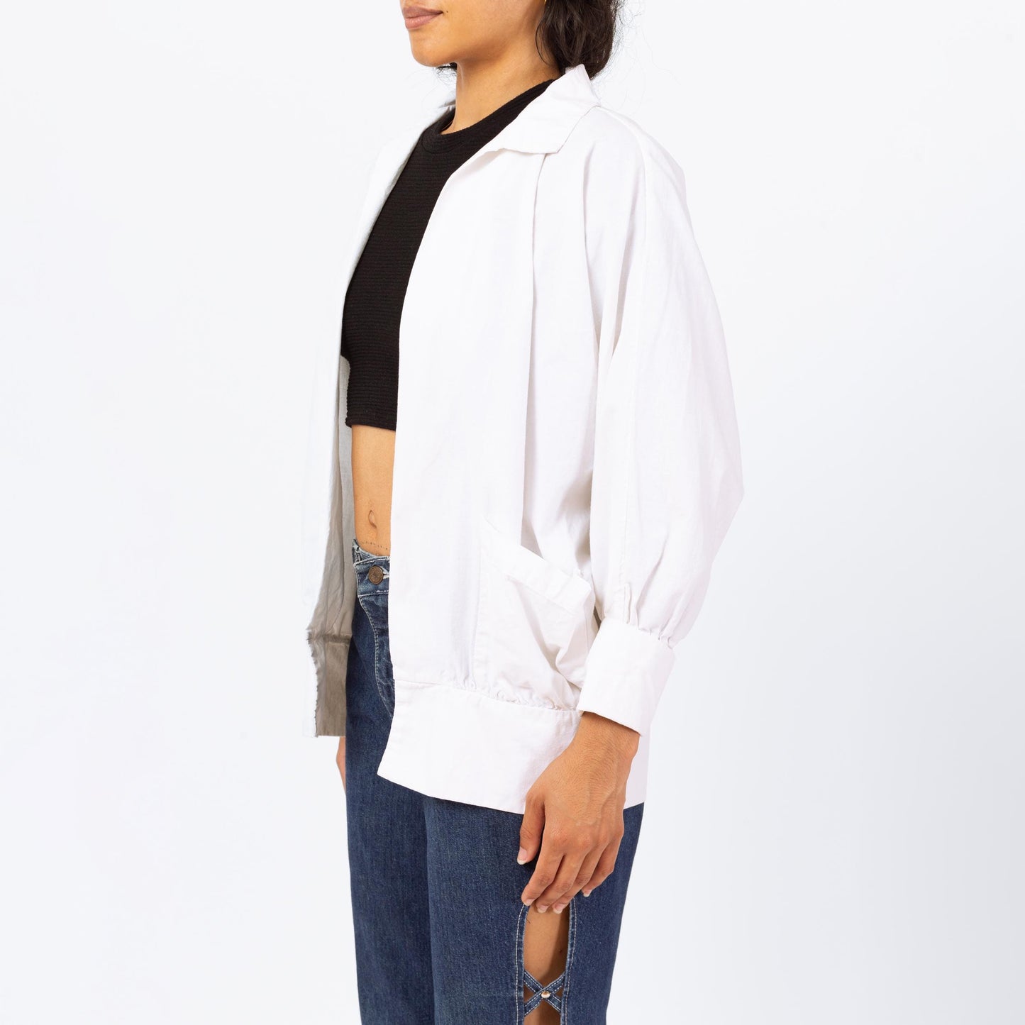 Vintage 90s Minimalist White Cotton Open Fit Jacket - Medium | Lightweight Collared Cuffed Sleeve Blazer